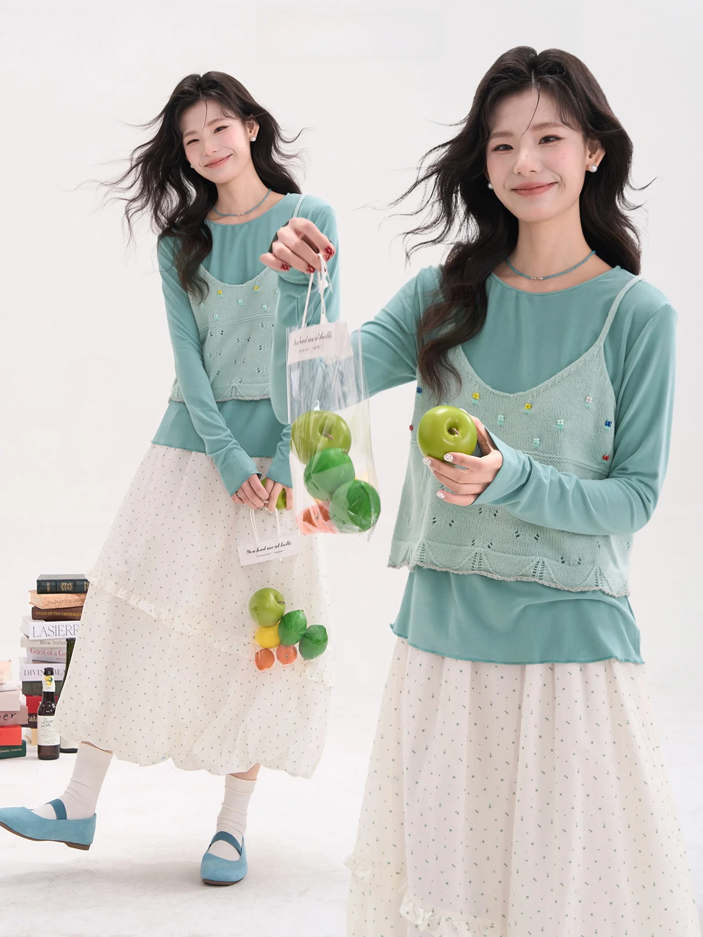 

Женский повседневный комплект из двух предметов: вязаная базовая футболка и жилет из хлопка с длинным рукавом Heme Spring Early Journey