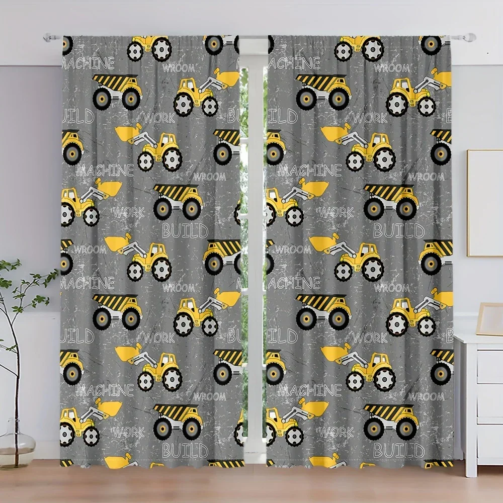 2pcs- Cartoon fun and various engineering vehicle printed curtains, pole bag curtains, home decoration, room decoration