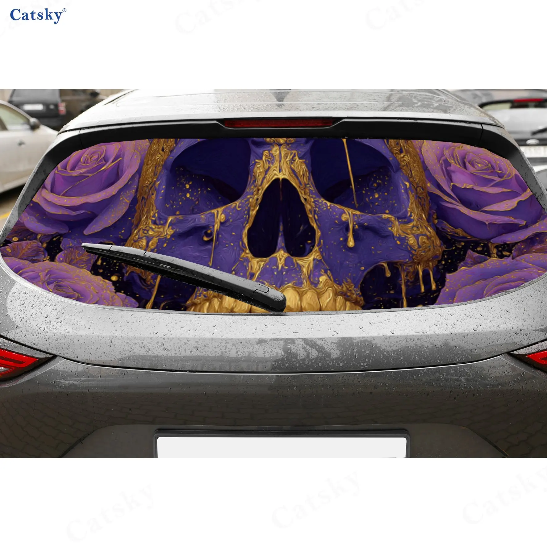 

Gothic Gold Purple Skull Rose Luxury Dark PVC Perforated Car Vinyl Wraps, Durable Car Rear Windshield Sticker, Waterproof Car Re