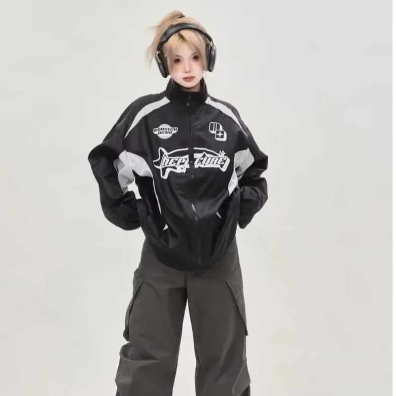 HOUZHOU Vintage Y2k Racing Jacket Women Streetwear Oversize Korean Fashion Windbreaker Hippie Motorcycle Jackets Autumn Winter