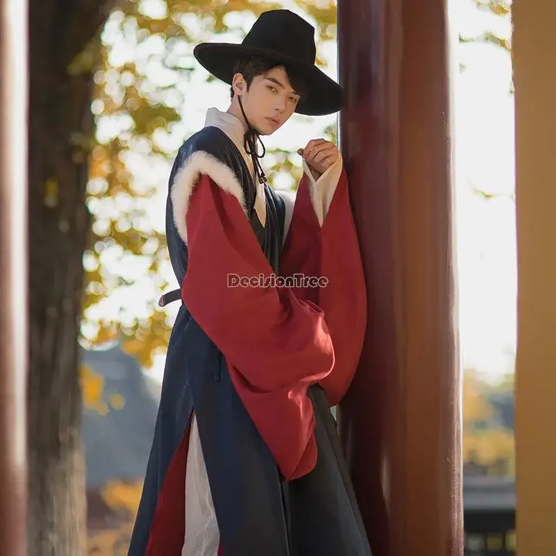 

2025 сценический костюм, древний косплей, комплект ханьфу, мужской ханбок, зимний китайский традиционный винтажный мужской длинный халат ханьфу