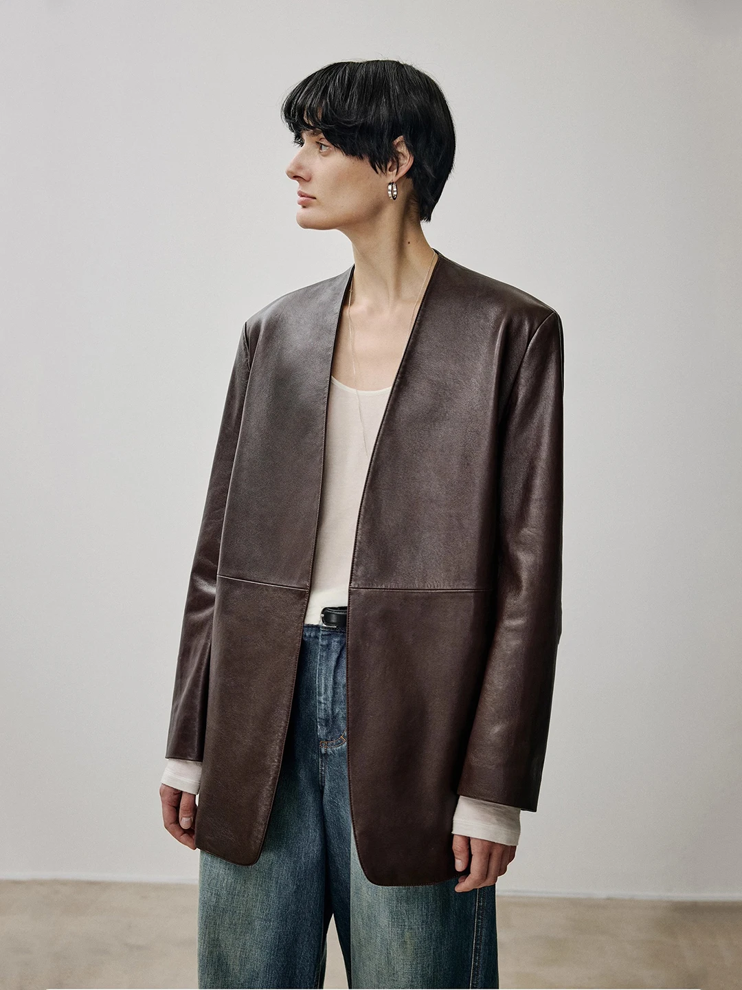 ローチェン レディース ルーズフィット スエードジャケット 軽量 ウォッシュドレザーコート ノーカラー フェイクベルベット アウターウェア 通勤スタイル