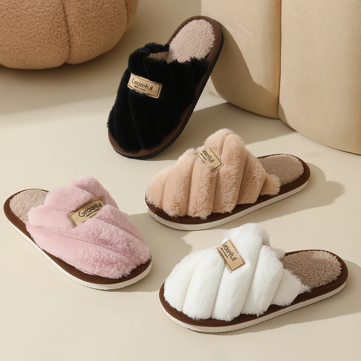 Solid Color Flat Heel Slippers Women Indoor Bedroom Lightweight Comfort Non-slip Winter Lightweight Living Room Couples Shoes