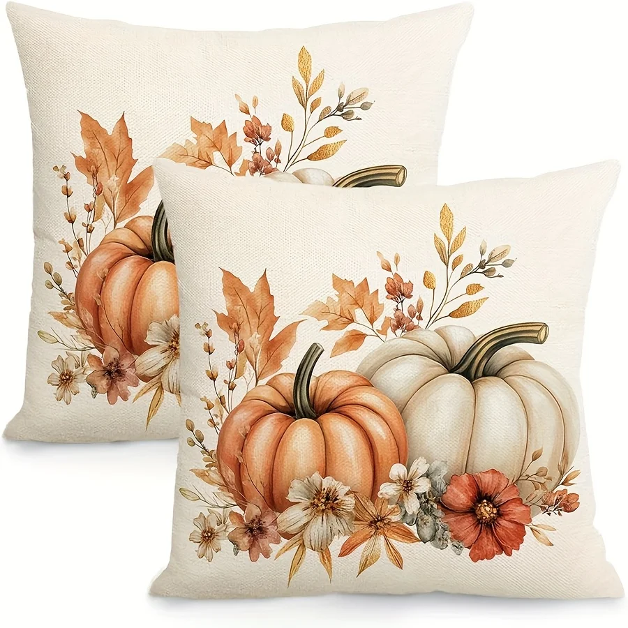 2PCS Throw Pillow Covers, White Pumpkin Flower Bouquet Print, Fall Elegant Style, For Sofa Bedroom Couch Living Room Home Decor