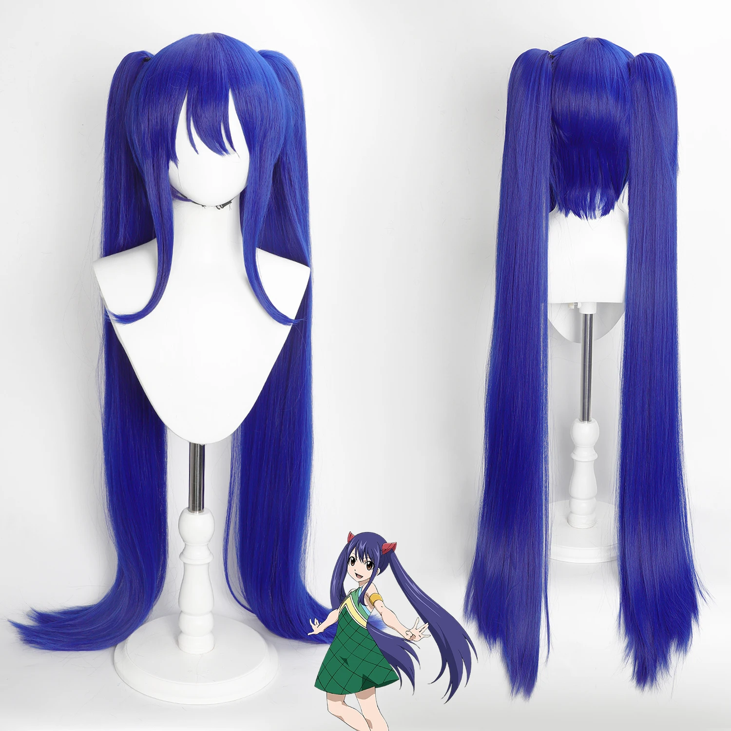 Anime Wendy Marvell Cos Wig Dark Blue Long Straight Detachable Twin Tails Heat Resistant Synthetic Hair With Wig Cap Halloween