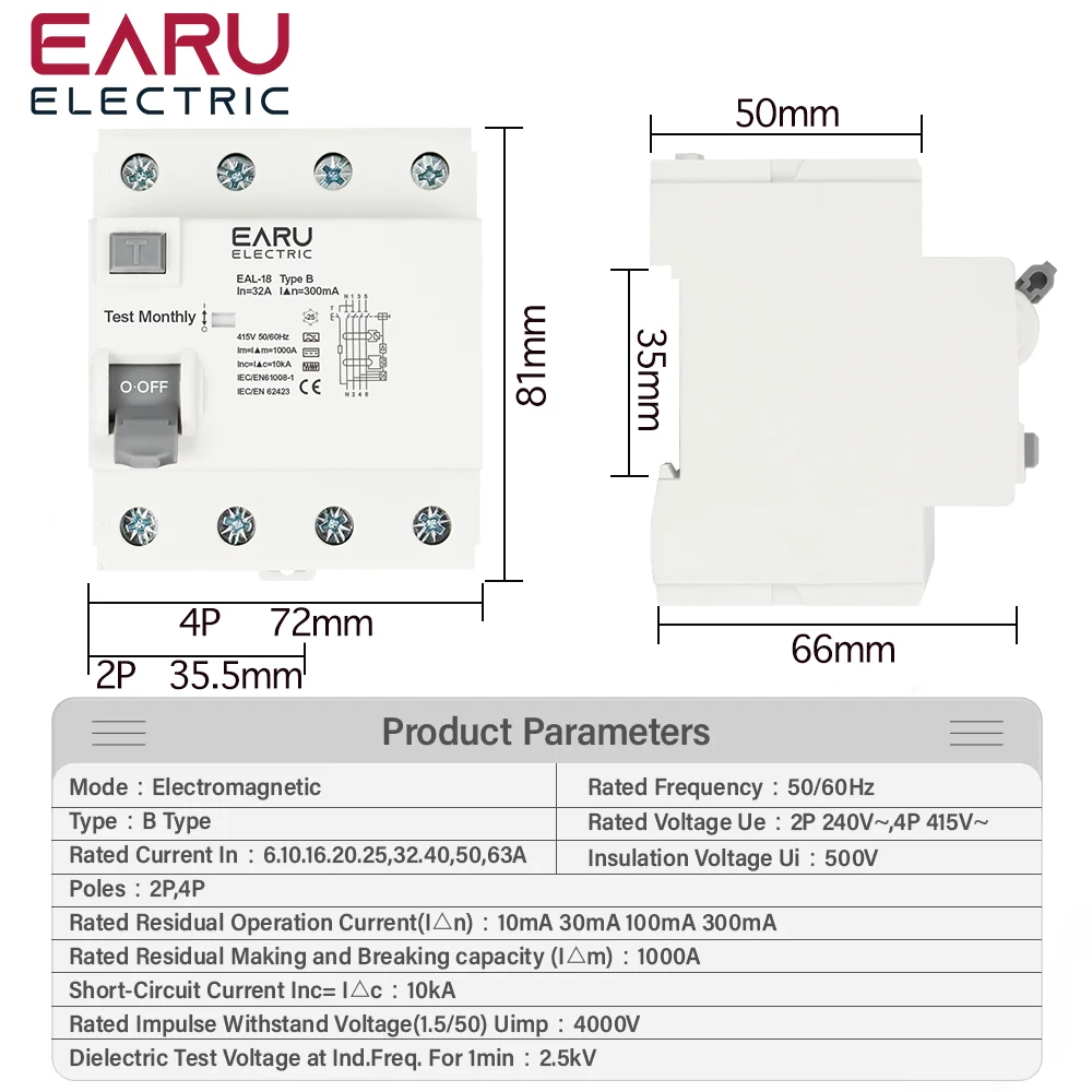 2P 4P 10/30/100/300mA Electric Vehicle EV Charging Pile Residual Current Breaker DC RCCB RCD Type B 6KA Din Rail Earth Leakage