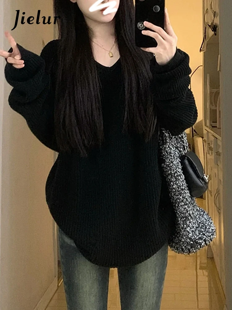 Jielur Autumn New Solid Loose Chicly Women Pullovers Casual Sweet Fashion Pullovers Woman Black V-neck Knitted Sweaters Female