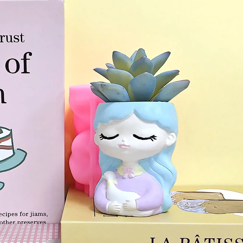 Silicone Mold for a Girl with Long Hair Holding a Little White Goose, DIY Cement and Plaster Succulent Plant Pot Mold, Closed-Eyed Girl Head Vase Hand-Casting Mold