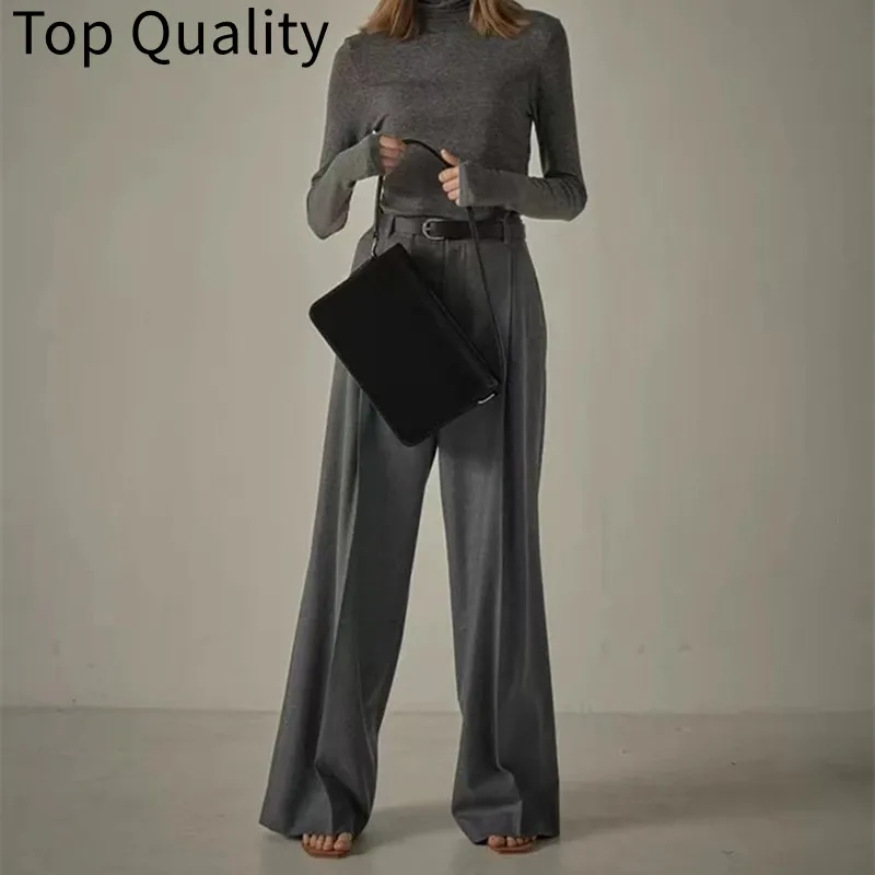 2024 Women\'s Spring Grey Wide Leg Pants Women\'s Spring and Autumn High Waist Suit Pants Loose Version Floor Pants