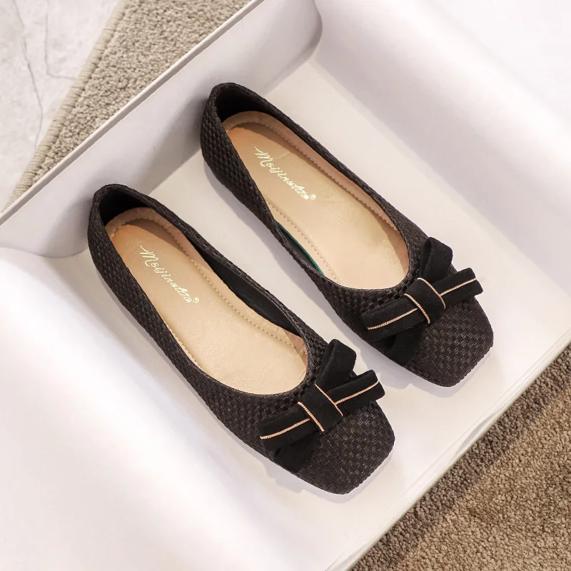 Women Flats Square Head Solid Color Black Gray Flat Shoes for Ladies Girls Shoes with Bow Small Size 31 32 33 Basic All Match