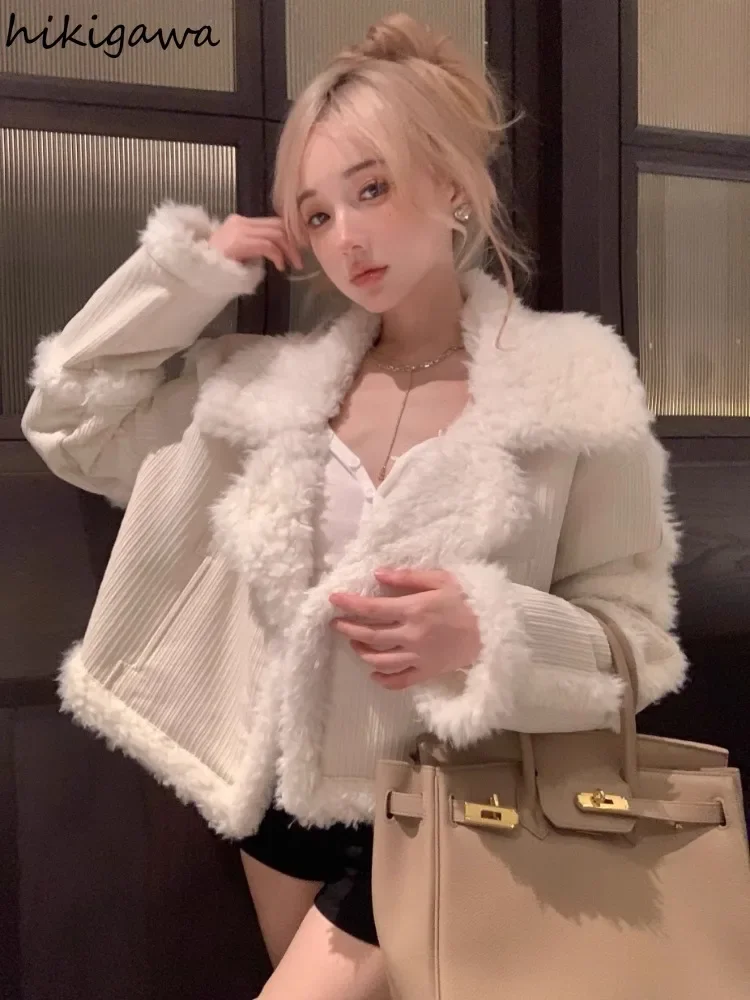 White Corduroy Short Jacket for Women Fall Winter Clothing 2023 Ropa Mujer Fashion Casual Thicked Crop Tops Korean Warm Y2k Coat