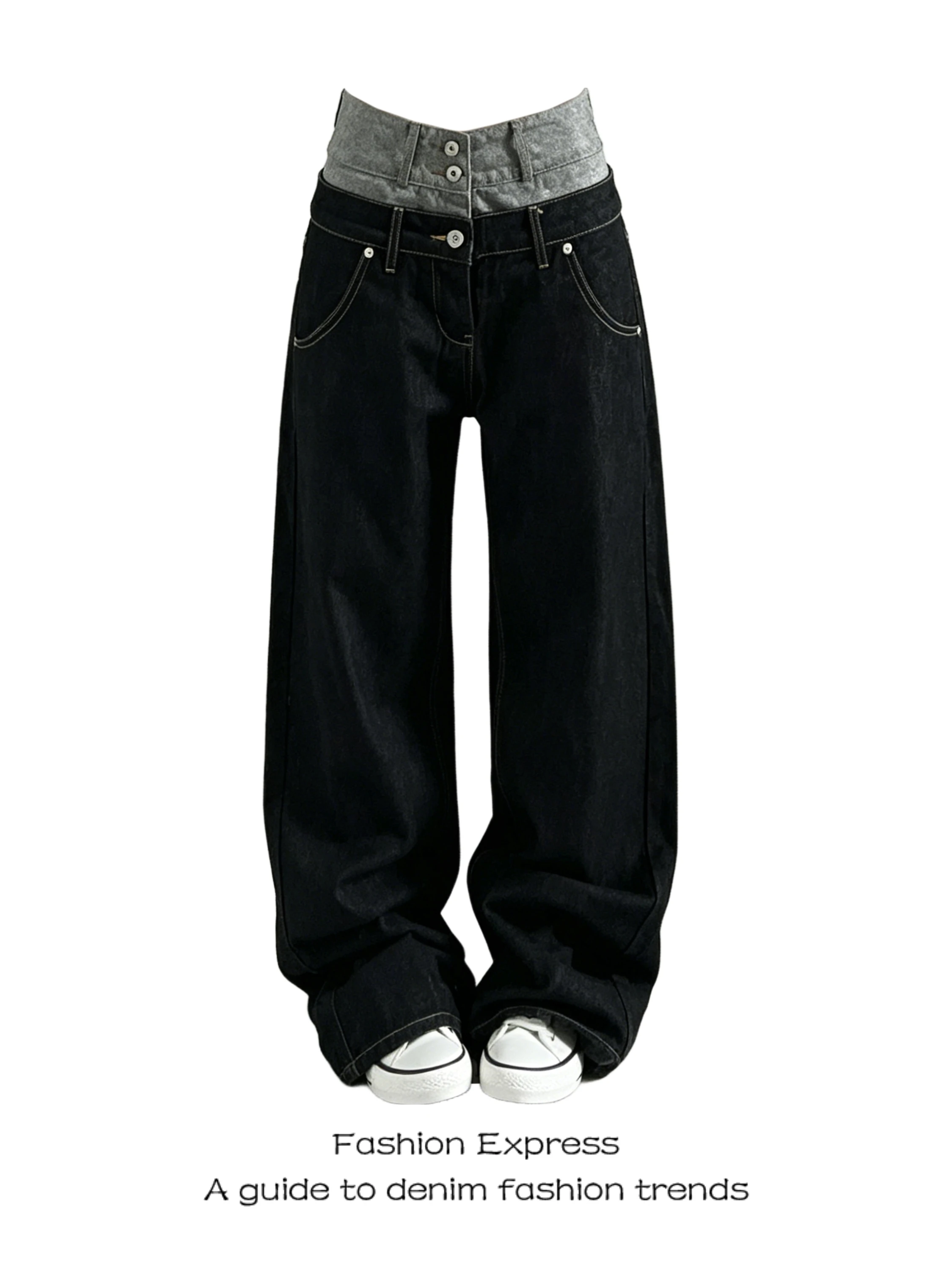 

High Waist Straight Leg Denim Jeans Women's Summer New Design Patchwork Waistband Casual High Street Trendy Jeans