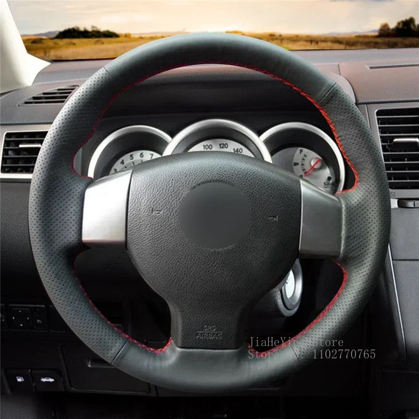 Hand-Stitched Non-slip Durable Black Leather Steering Wheel Cover Wrap for Nissan Tiida 2004-2010 Sylphy Versa 2007-2011 Note