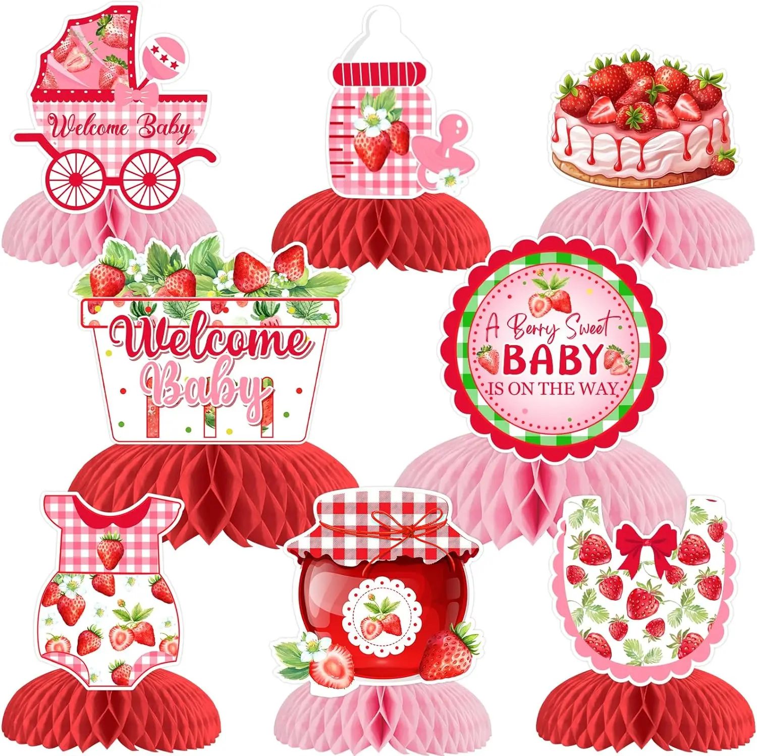 

Strawberry Baby Shower Decor Honeycomb Centerpieces A Berry Sweet Baby is On The Way Table Topper Decor Fruit Themed Party