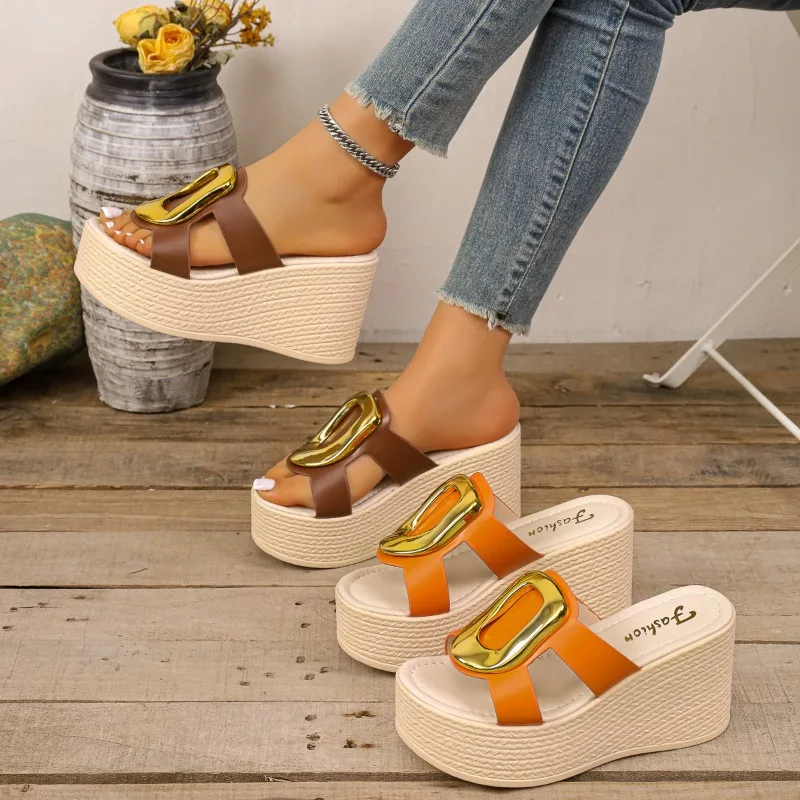 Women's Summer Fashionable Luxury Chunky Heel Slippers Women Outdoor Wedge Heels Metal Casual Comfortable Rome Style Sandals