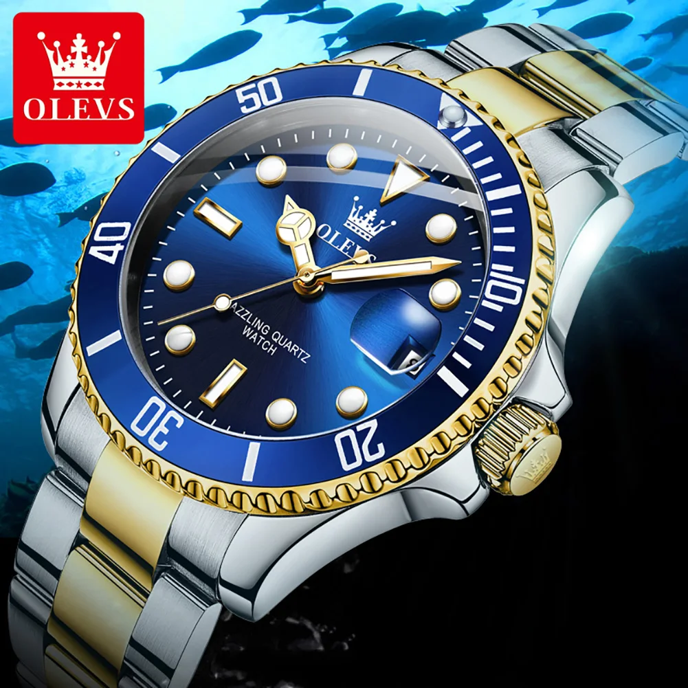 OLEVS-Reloj de acero inoxidable para hombre, cronógrafo de cuarzo, con diseño de fantasma de agua azul, marca superior de lujo