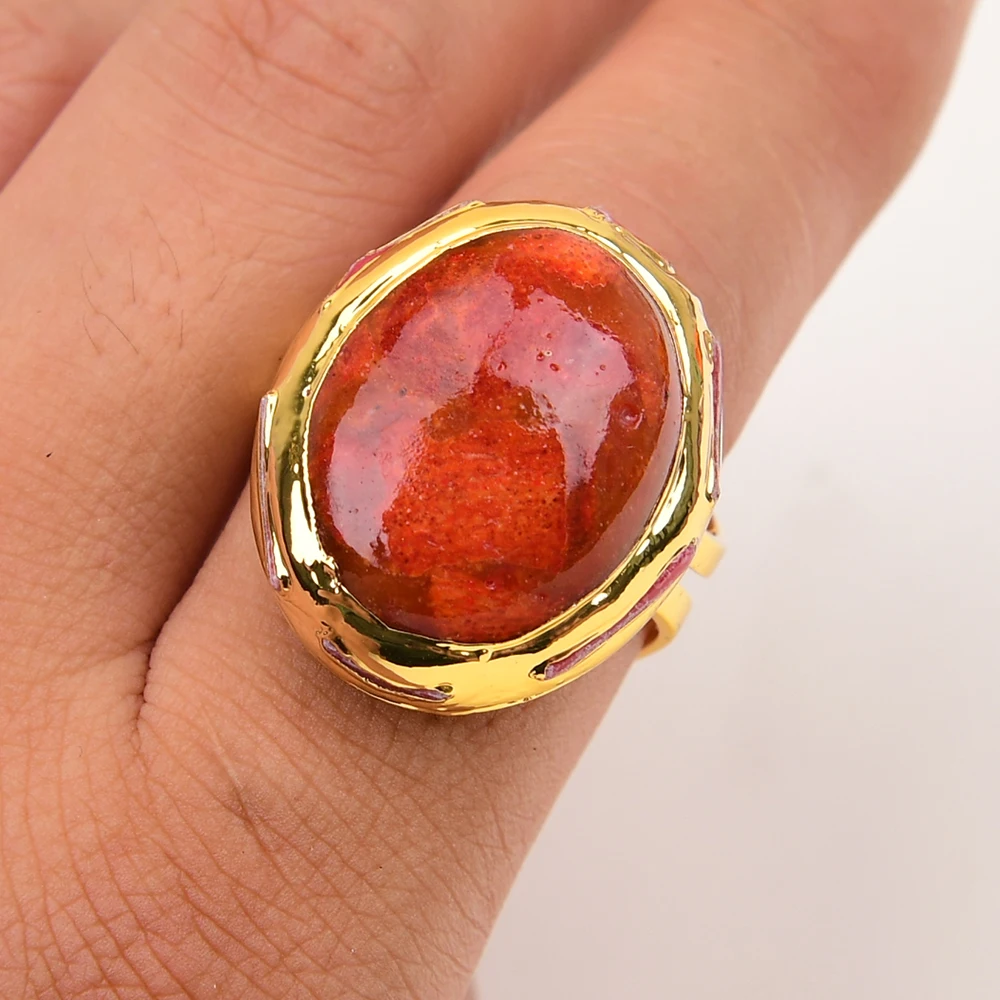 APDGG Big Natural Oval Red Spong Coral Gold Edge Plated Rings Adjustable Gems vintage Ring Handmade For Lady