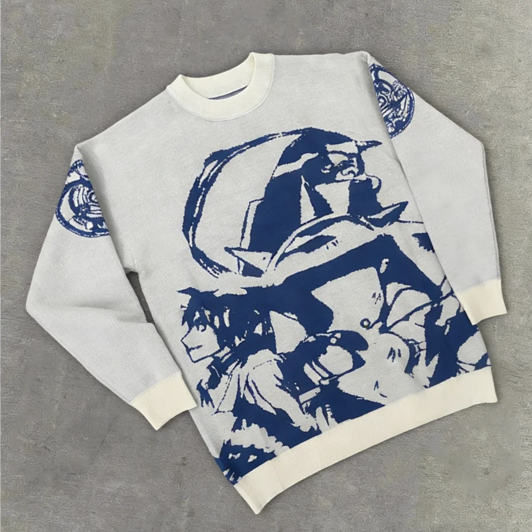 

Женский свитер оверсайз Y2K в стиле стритвир, цвета экрю, с аниме-жаккардом, вязаный, с круглым вырезом, в стиле High Street, 2026