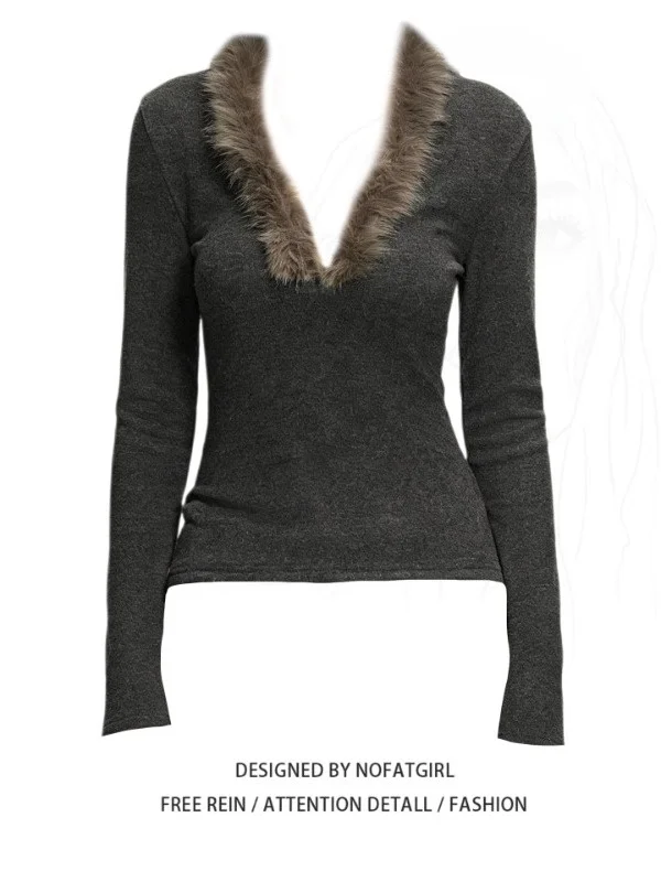 

plus Size Sweet Spicy Girl Retro Furry V-Ne Long Sve Women's T-irt Slim Fit Base irt Trendy Spring Underwear Top