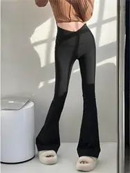 Flared Fitness Pants Knitted Women's Solid V-Waist Sports Bell-Bottoms Korean Pants Black Flare Leggings With Wide Waistband