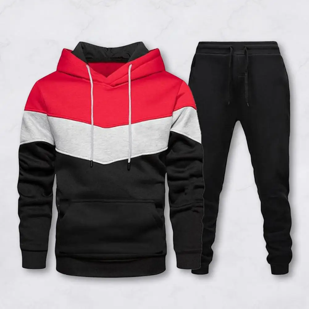 Men Spliced Design Loungewear Men's Hooded Sweatshirt Jogger Pants Set with Patchwork Color Design Front Pockets for Sports