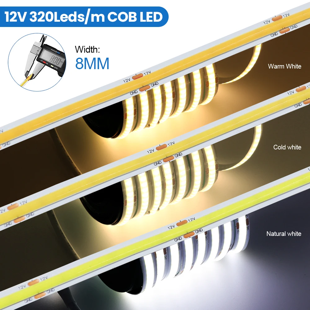 شريط LED 320LEDs/m COB 12 فولت أبيض دافئ/طبيعي أبيض/أبيض قابل للانحناء إضاءة خطية ديود شريط إضاءة تلفزيونية خلفية 0.5 متر 1 متر 2 متر 3 متر 4 متر 5 متر