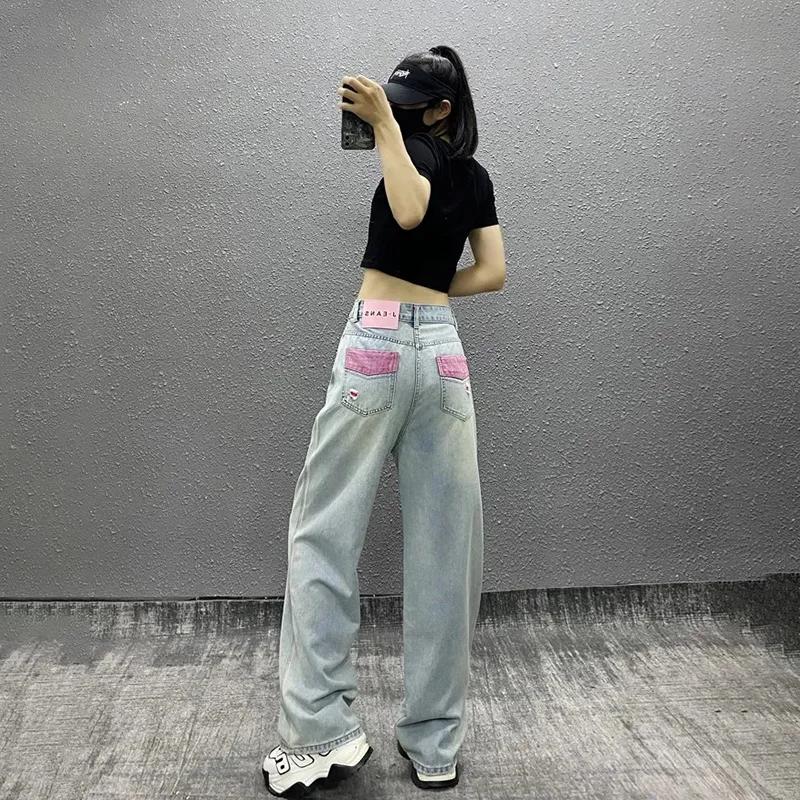 Vintage Color Pocket Ripped Y2k Baggy Jeans Women American Style Streetwear Cool Trouser Hot Girl High Waist Women\'s Denim Pants