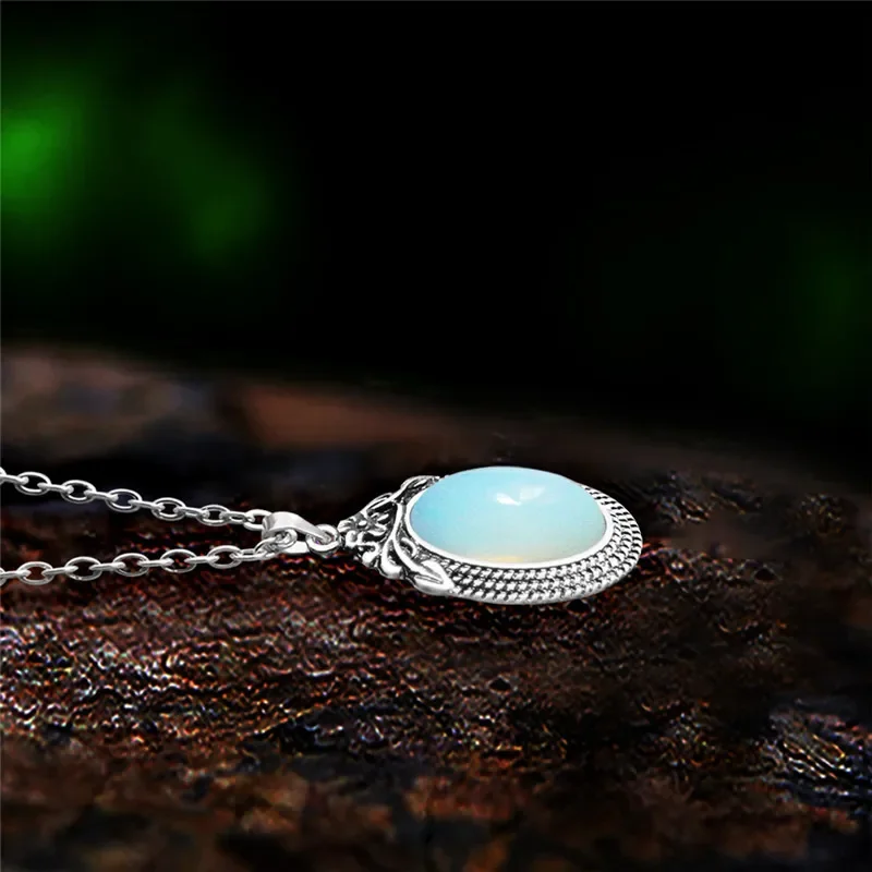 Vintage Flower Plant Pendant Synthetic Opal Ambers Jewelry Set For Women Antique Silver Plated Fashion Necklace Earring Jewelry