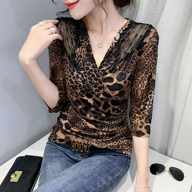 #8022 Sexy Leopard T Shirt Women V Neck Wrap T Shirt Femme Half Sleeves Vintage Tee Shirt Femme Thin Sexy Spliced Gauze S-3XL