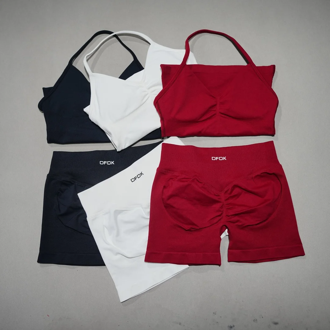 DFDK Two Piece Seamless Workout Suit Backless Push Up Yoga Vest High Waist Squat Proof Biker Shorts Running Training Activewear
