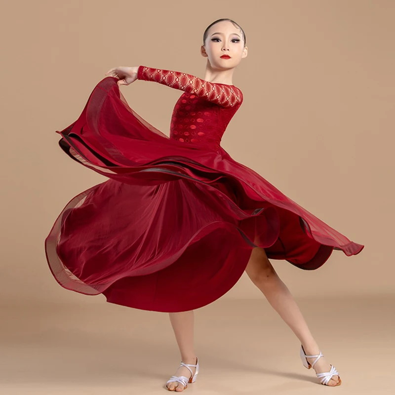 

Ballroom Dance Dress Girls Standard Waltz Competition Dress Red Long Sleeve Leotard Skirt Set Kids Performance Dancewear VDL347