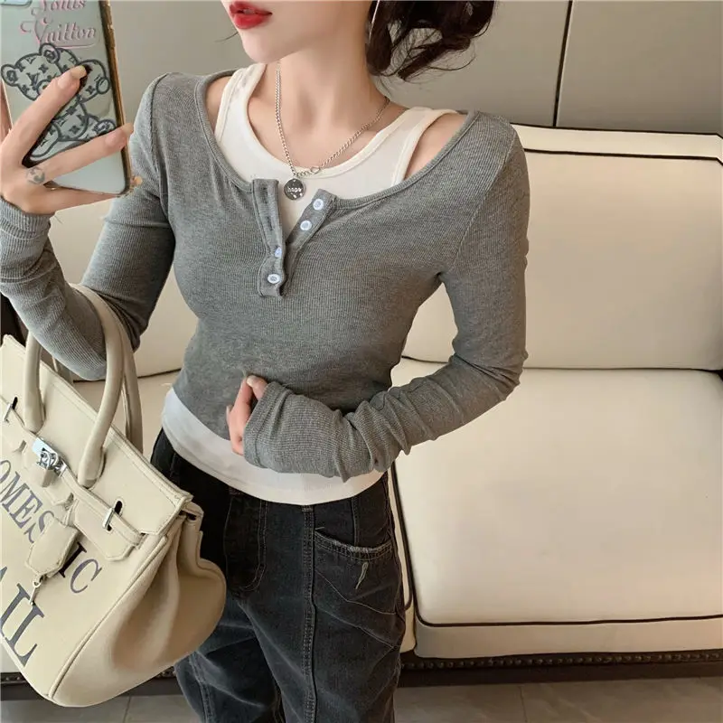 Damskie t-shirty, sztuczne, dwuczęściowe, stylowe, w stylu Retro, seksowne, dla kobiet, w stylu Harajuku, na co dzień, na wiosnę i jesień, Ulzzang,