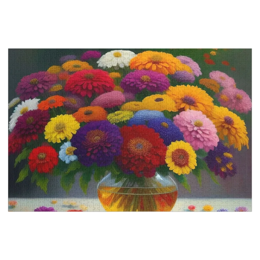 Blumenstrauß mit bunten Frühlings-Zinnia-Blüten in einer venezianischen Glasvase, Stillleben, Porträt, Malerei, Puzzle