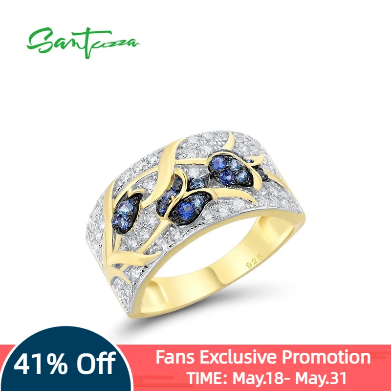 

SANTUZZA Genuine 925 Sterling Silver Rings For Women Sparkling Blue Spinels White CZ Tulip Flower Gold Color Ring Fine Jewelry
