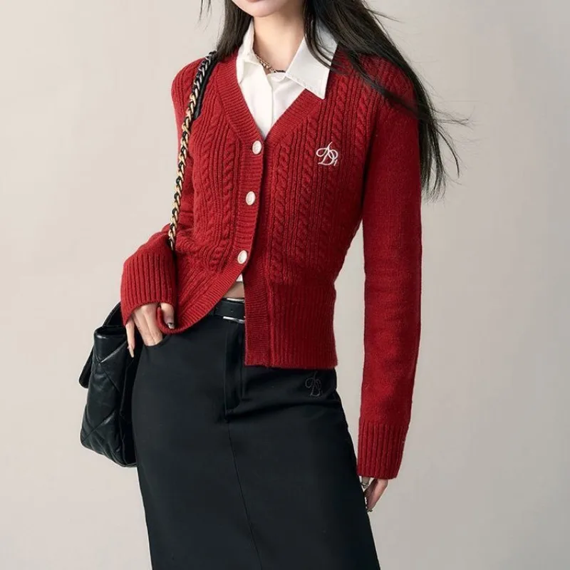 Autumn Winter Women's V-Neck Solid Screw Thread Button Button Long Sleeve Polo Sweater Knitted Cardigan Coat Fashion Casual Tops