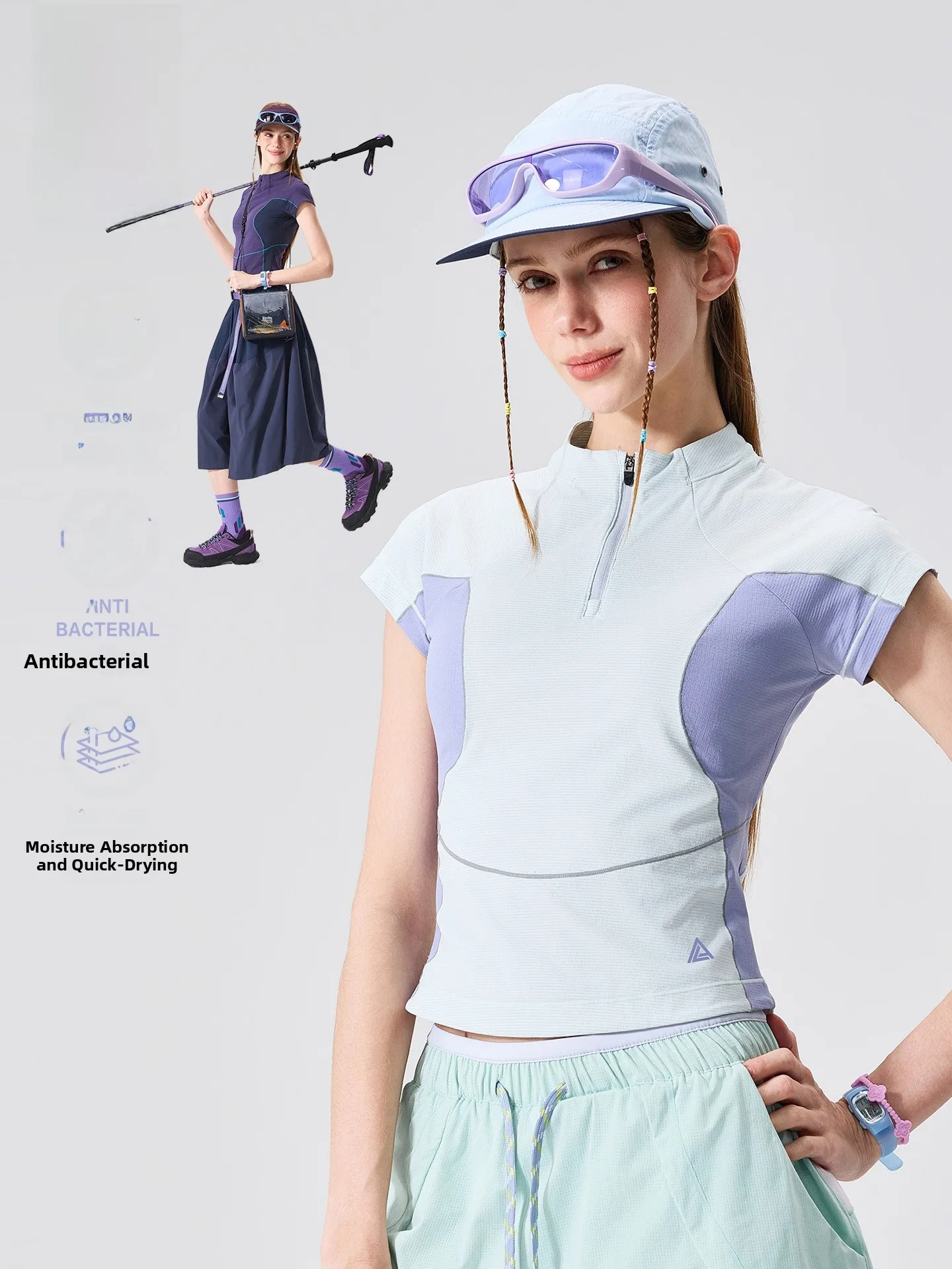 LAZY DAY Outdoor Quick Dry PUF50 UV Protection Short Sleeve T-Shirt Women's Summer Color Block Half Zip up Top Polyester Fiber