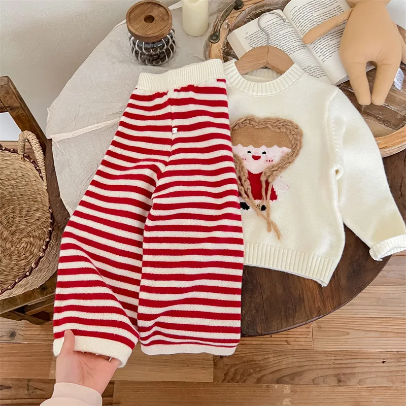 Autumn Winter Kid Baby Girl 2PCS Sweaters Set Cotton Knitted Cartoon Girl Pullovers Striped Wide Leg Pant Suit Child Girl Outfit