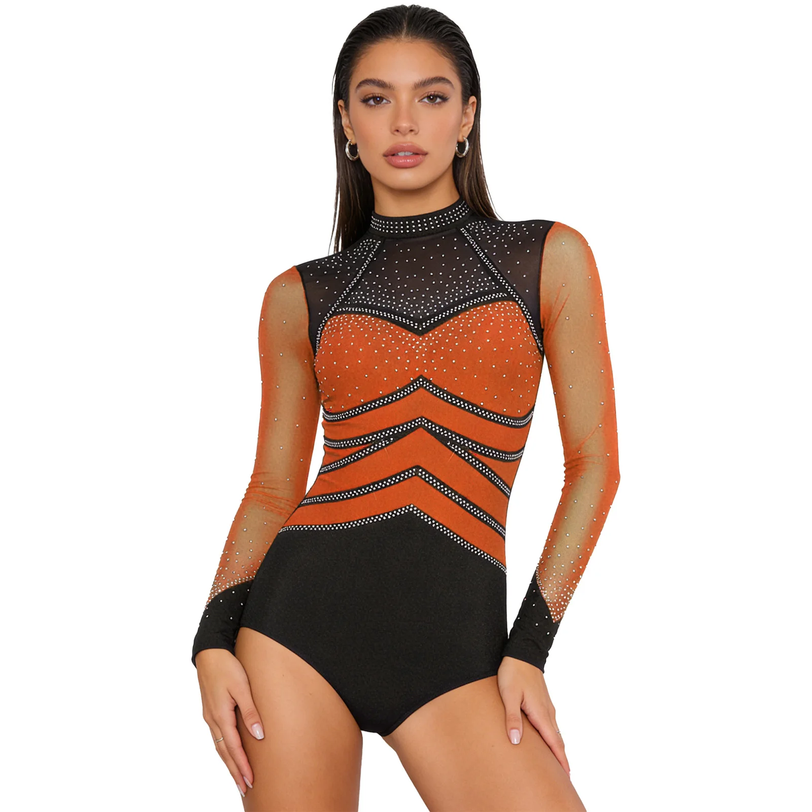 Vrouwen Strass Ritmische Maillots Gymnastiek Bodysuit Sheer Mesh Lange Mouw Kruis Knoppen Jumpsuit Kunstschaatsen Dancewear