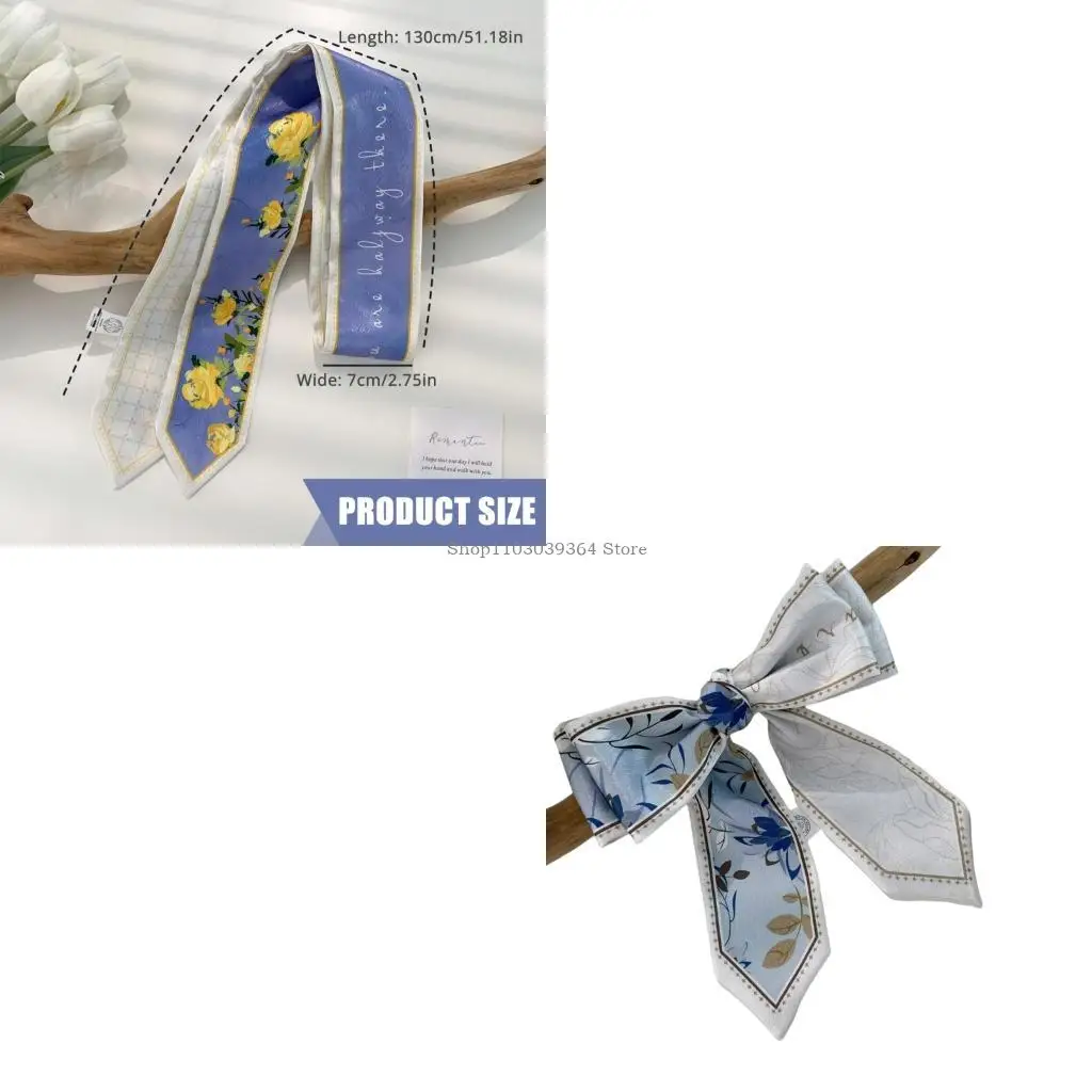 

Soft Twill Satined Flower Pattern Neck Scarf Elegant Long Scarf Bag and Hair Tie for Stylish Women Daily Wear
