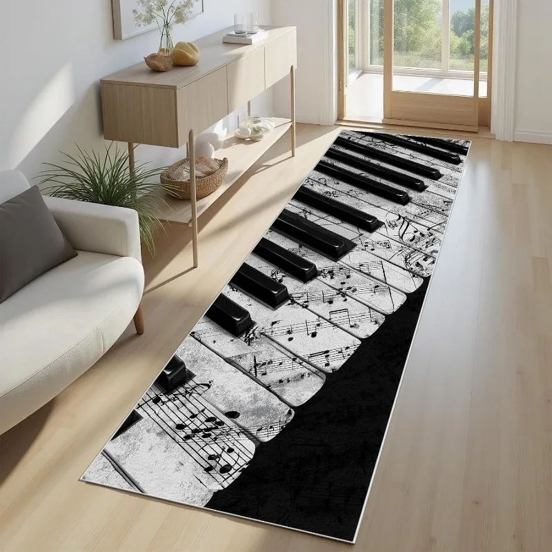 Piano Keyboard Pattern Runner Rug Vintage Musical Soft Non-Slip Carpet Retro Home Decor Music Note Floormat for Hallway Bedside