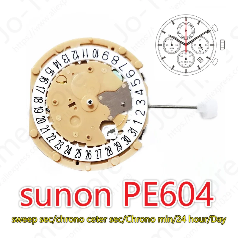 PE604 Movement China Sunon Pe60 Quartz Watch Movement Sweep Second Chronograph Chrono Center Second/Chrono Min/Day/Date/24 Hour