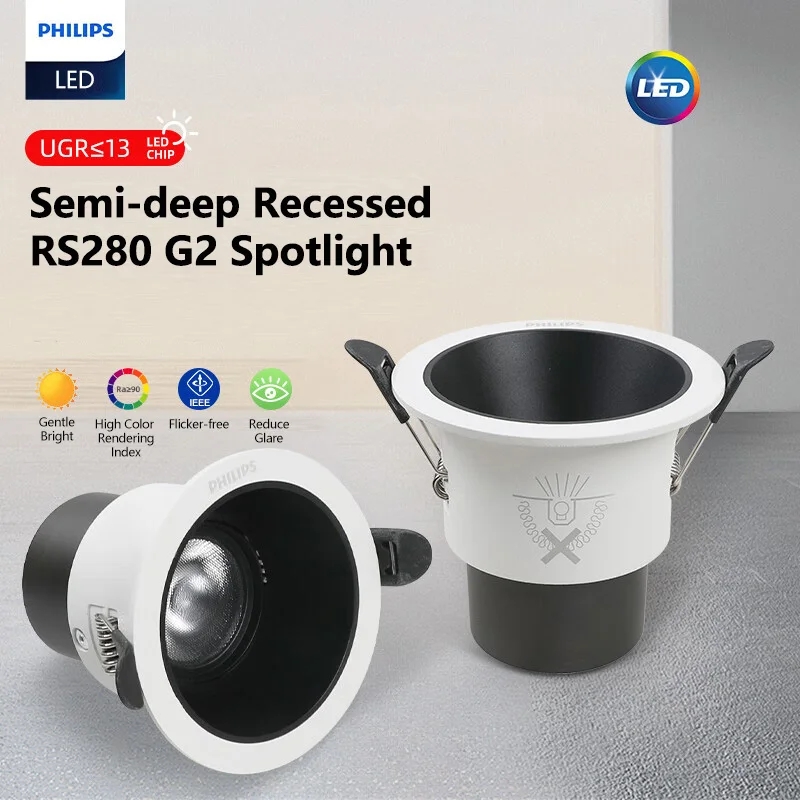 

Philips LED RS280 7 Вт 24D Полувстраиваемый прожектор G2 4000 К Белый 24 ° Beam AngleRI90 220 В-240 В Встраиваемая лампа Домашняя потолочная лампа