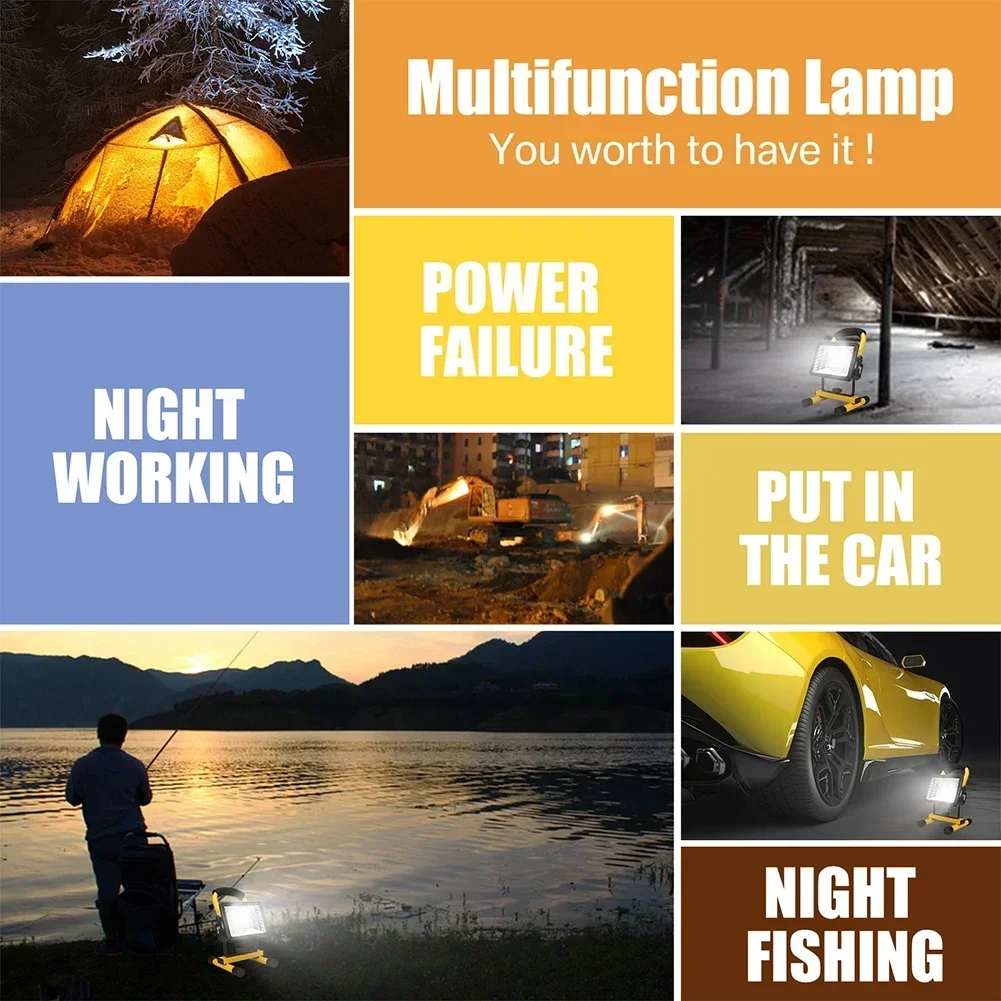 COB Rechargeable Portable LED Work Light 64LEDs 60W Waterproof LED Flood Lights for Camping Hiking Emergency Job Site Lighting