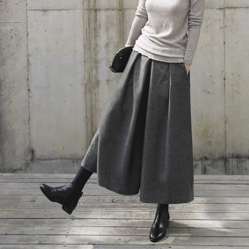 Loose Woolen Wide Leg Pants Women Y2K Pleated Street High Waist Trousers Spring Autumn Straight Female Solid Elastic Casual Pant