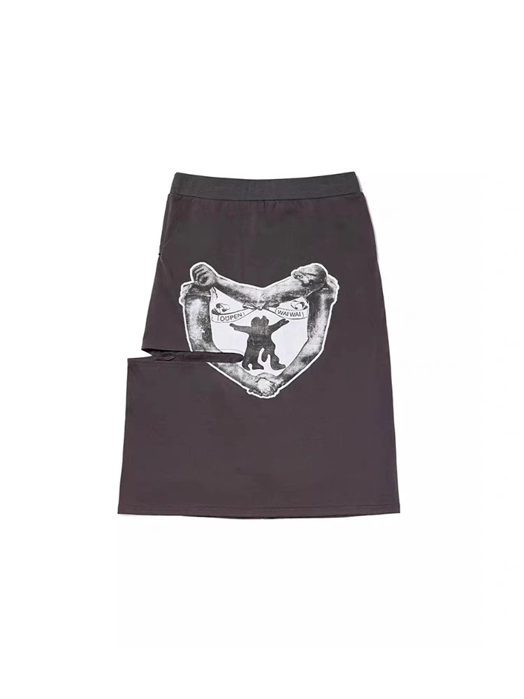 Korean Sle Heart aped Cut out Hole Tied Waist Straight Skirt mid Waist Design Cotton Blend Material Midi Skirt