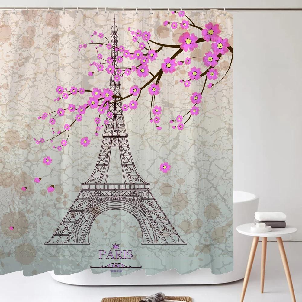 Waterproof Shower Curtain Sets with Rugs Paris Tower Scenery Bath Rug and Mats with Hooks Toilet Seat Cover Bathroom Decor