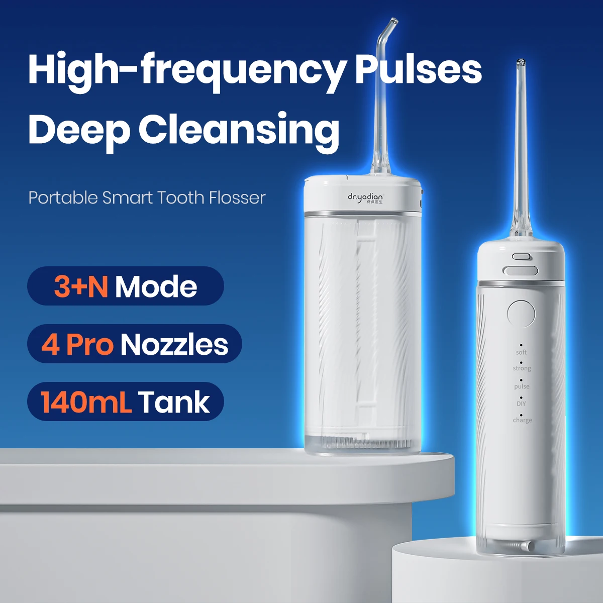 Dr.Yadent Portable Oral Irrigator YDX1 IPX7 Waterproof 4 Nozzles Water Flosser 4 Modes 140ML Water Tank Travel Size Oral Cleaner