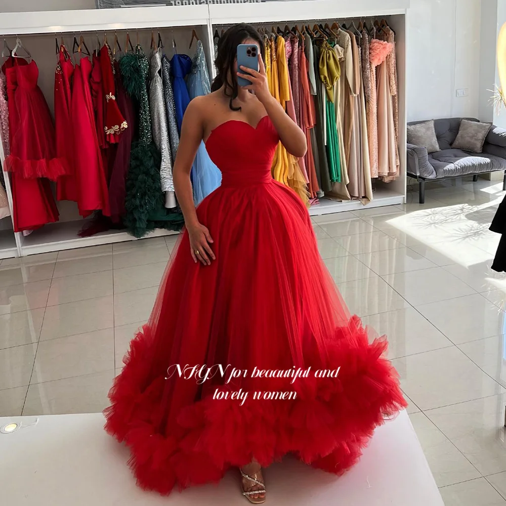 

NFYN Red Evening Dress with Rulffes Prom Dress Sweetheart Fluffy Party Dresses for Arabic Women Customized