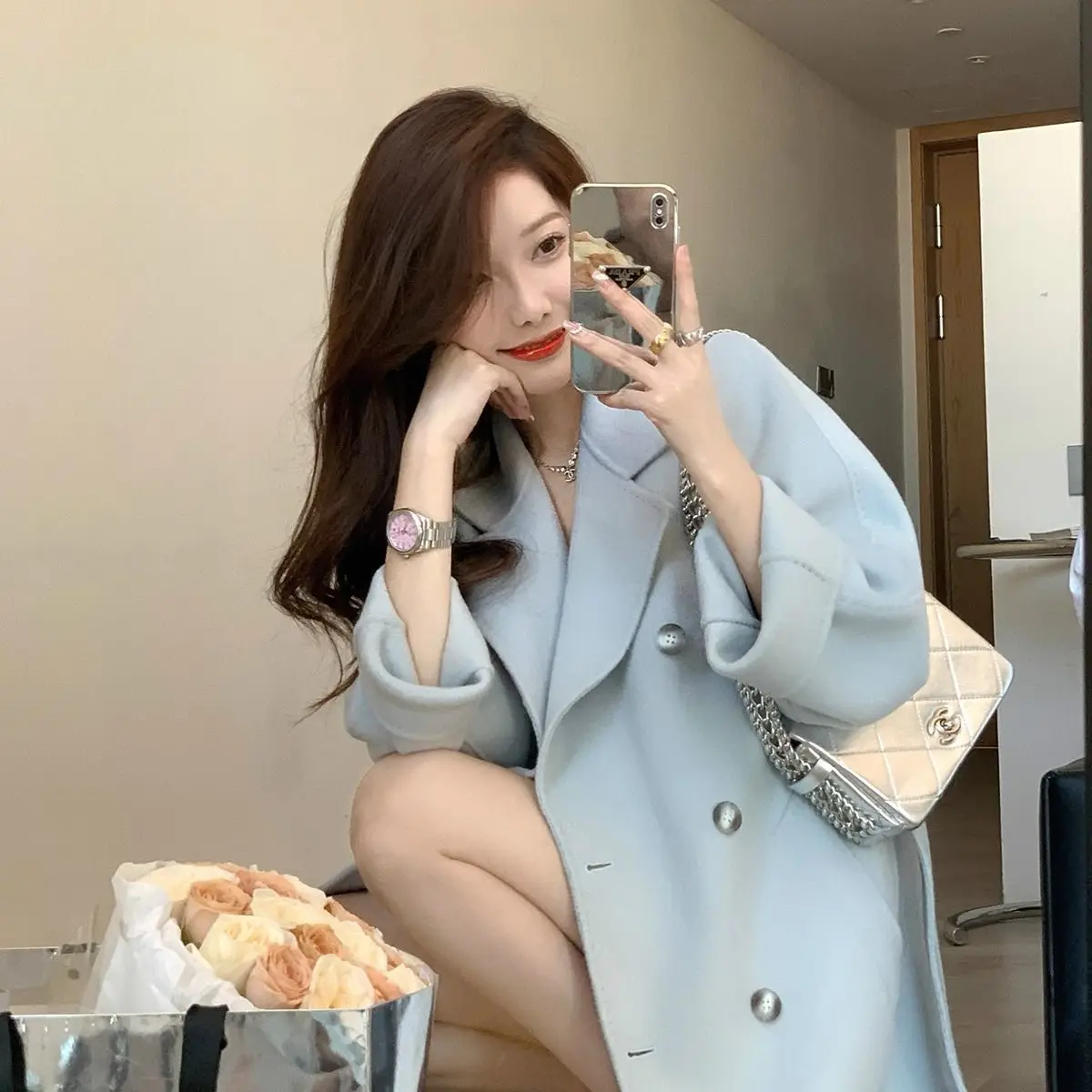 Camel colored Double-sided Woolen Coat For women 2026 New Autumn Winter Mid to long Korean version High-end Wool Coats With Belt