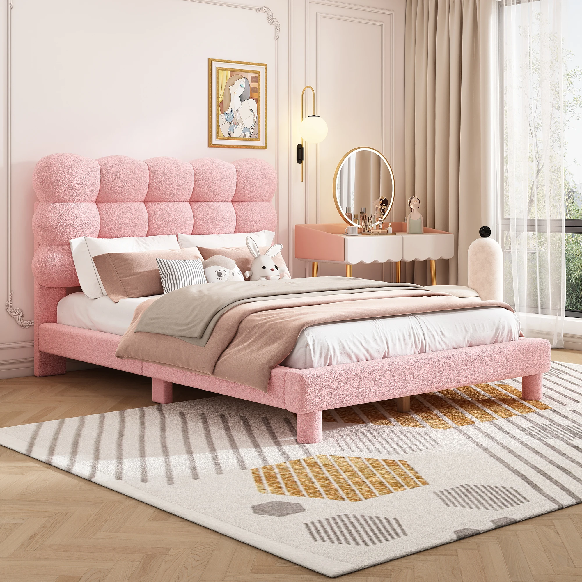 140*200cm flat bed padded bed comfortable headboard padding Triple adjustable headboard pink look